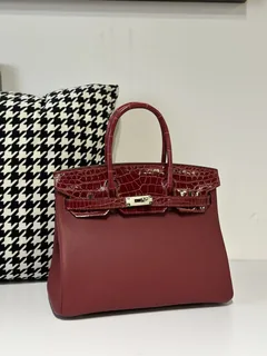Crocodile Leather 30cm Glossy Burgundy Mixed Leather Silver Hardware Top Handle Tote Bag WCB082 image 2