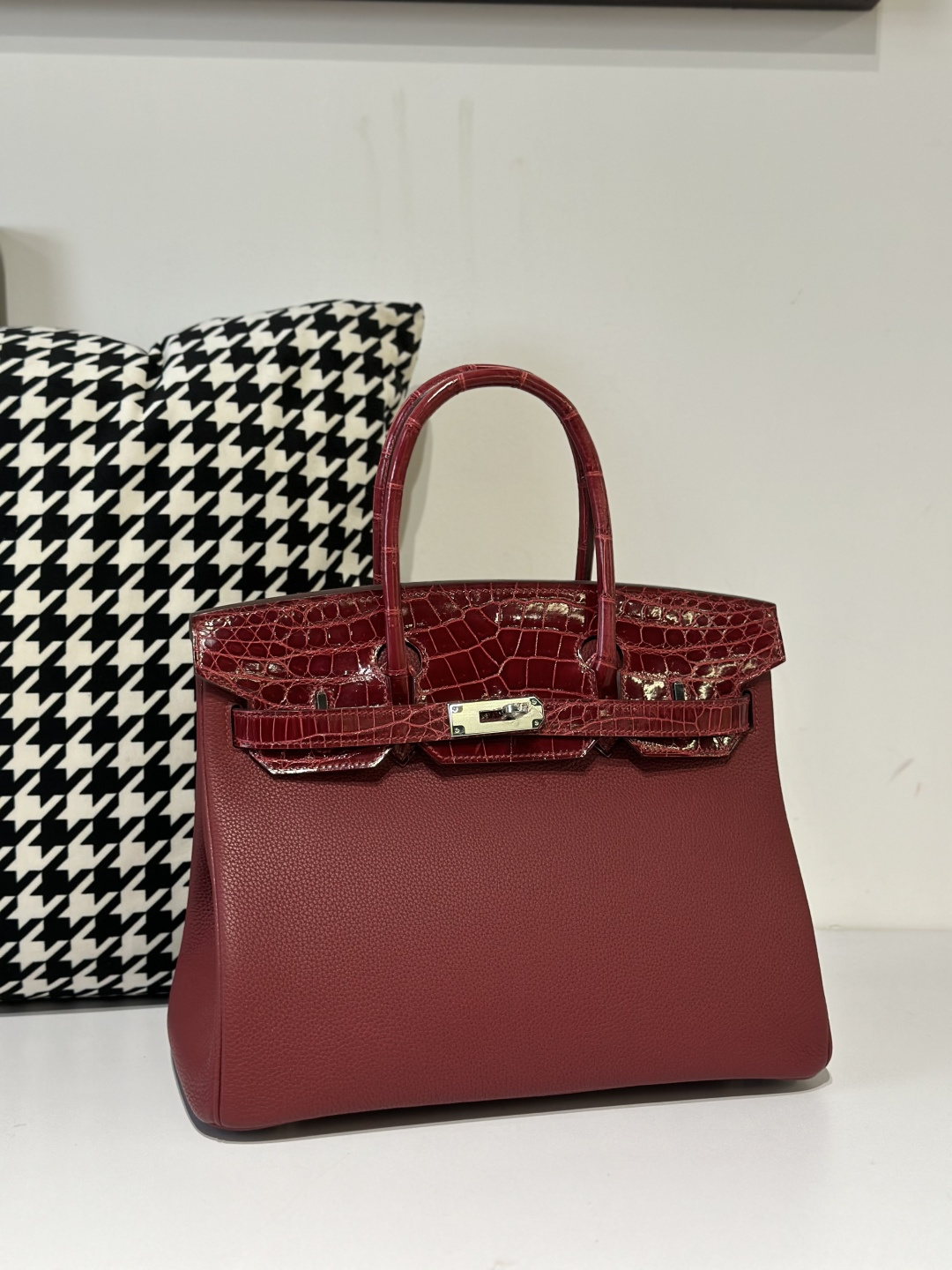 Crocodile Leather 30cm Glossy Burgundy Mixed Leather Silver Hardware Top Handle Tote Bag WCB082 image 2