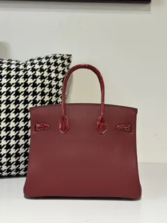 Crocodile Leather 30cm Glossy Burgundy Mixed Leather Silver Hardware Top Handle Tote Bag WCB082 image 3
