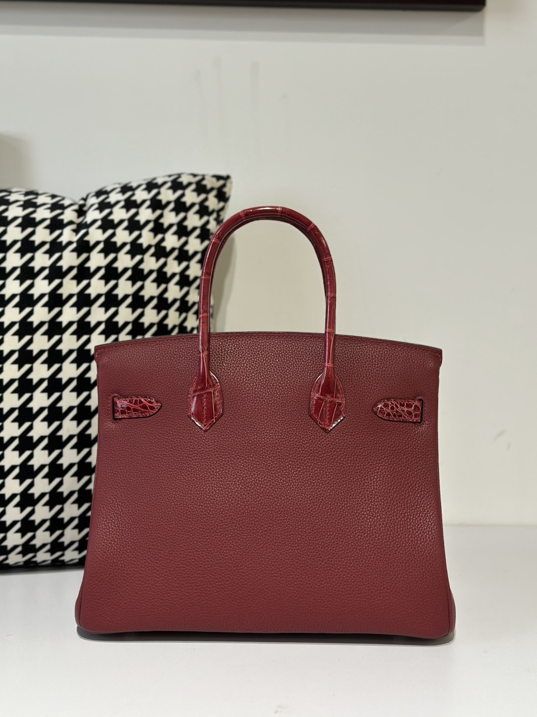 Crocodile Leather 30cm Glossy Burgundy Mixed Leather Silver Hardware Top Handle Tote Bag WCB082 image 3
