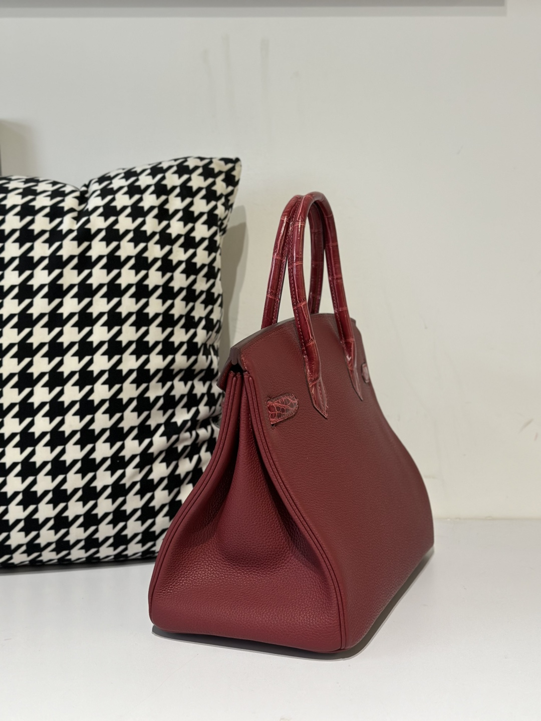 Crocodile Leather 30cm Glossy Burgundy Mixed Leather Silver Hardware Top Handle Tote Bag WCB082 image 4