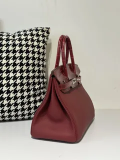 Crocodile Leather 30cm Glossy Burgundy Mixed Leather Silver Hardware Top Handle Tote Bag WCB082 image 5