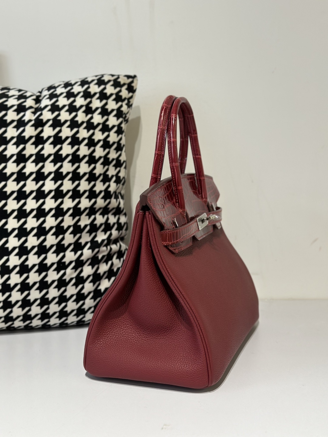 Crocodile Leather 30cm Glossy Burgundy Mixed Leather Silver Hardware Top Handle Tote Bag WCB082 image 5