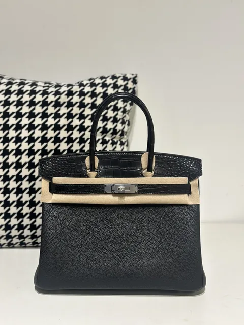 Crocodile Leather Black 30cm Matte Mixed Leather Silver Hardware Top Handle Tote Bag WCB083