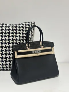 Crocodile Leather Black 30cm Matte Mixed Leather Silver Hardware Top Handle Tote Bag WCB083 image 2