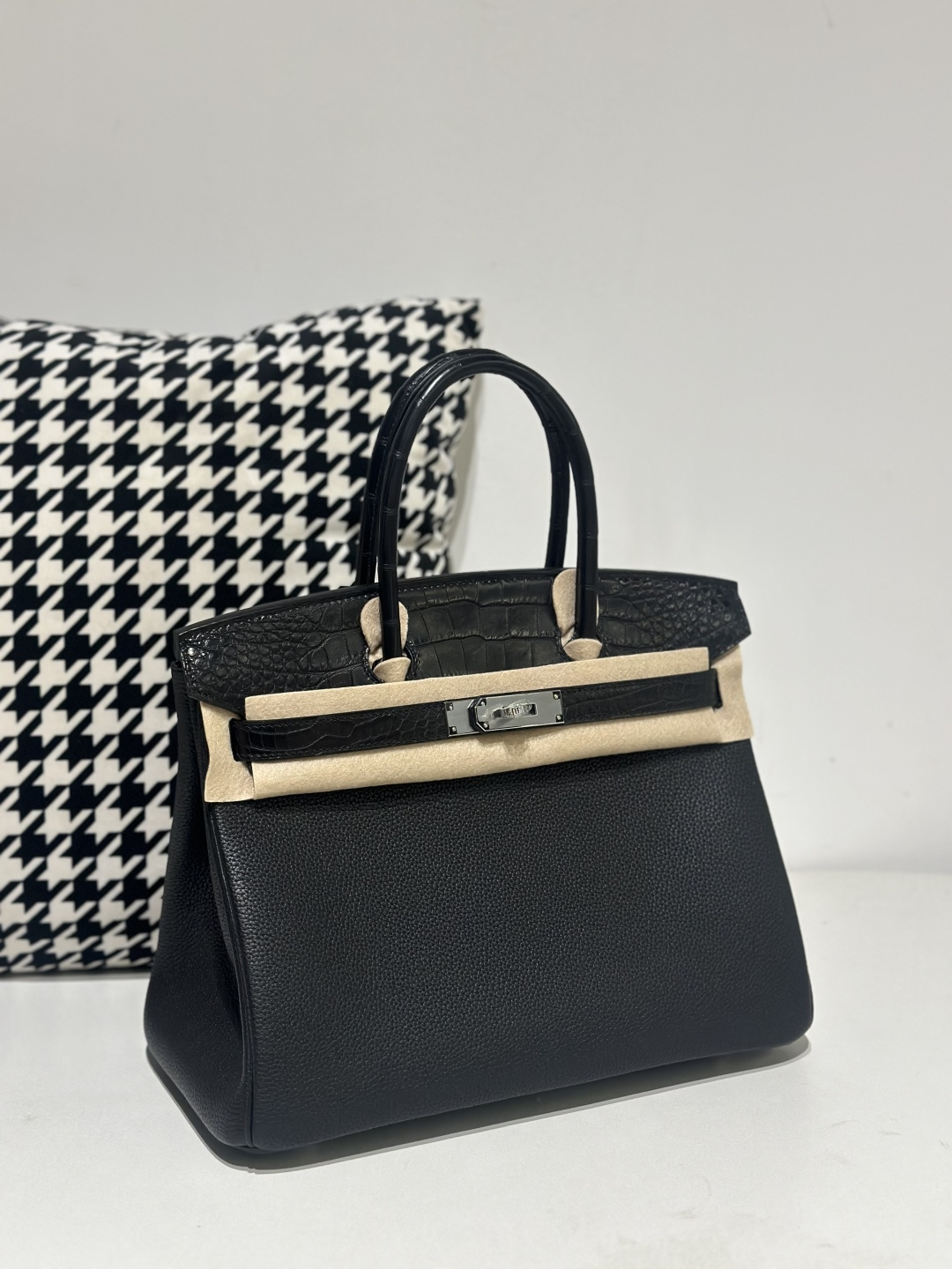 Crocodile Leather Black 30cm Matte Mixed Leather Silver Hardware Top Handle Tote Bag WCB083 photo 2