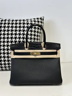 Crocodile Leather Black 30cm Matte Mixed Leather Gold Hardware Top Handle Tote Bag WCB084 image 1