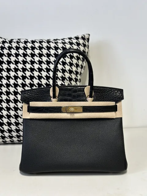 Crocodile Leather Black 30cm Matte Mixed Leather Gold Hardware Top Handle Tote Bag WCB084