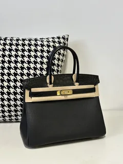 Crocodile Leather Black 30cm Matte Mixed Leather Gold Hardware Top Handle Tote Bag WCB084 image 2