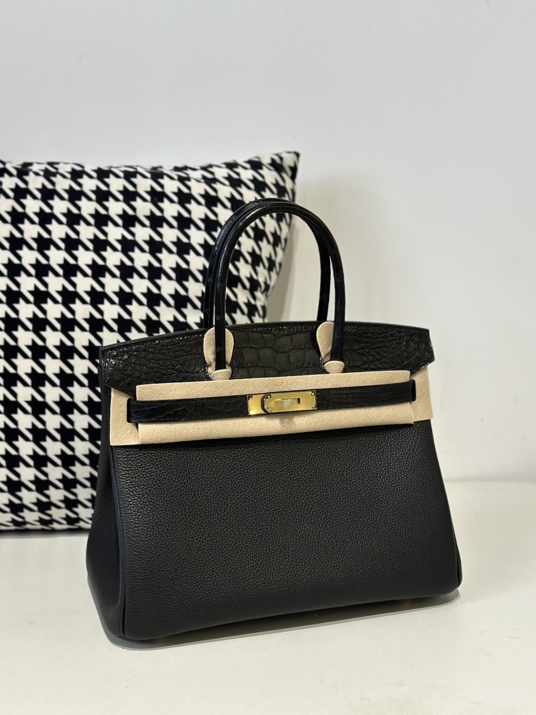 Crocodile Leather Black 30cm Matte Mixed Leather Gold Hardware Top Handle Tote Bag WCB084 image 2
