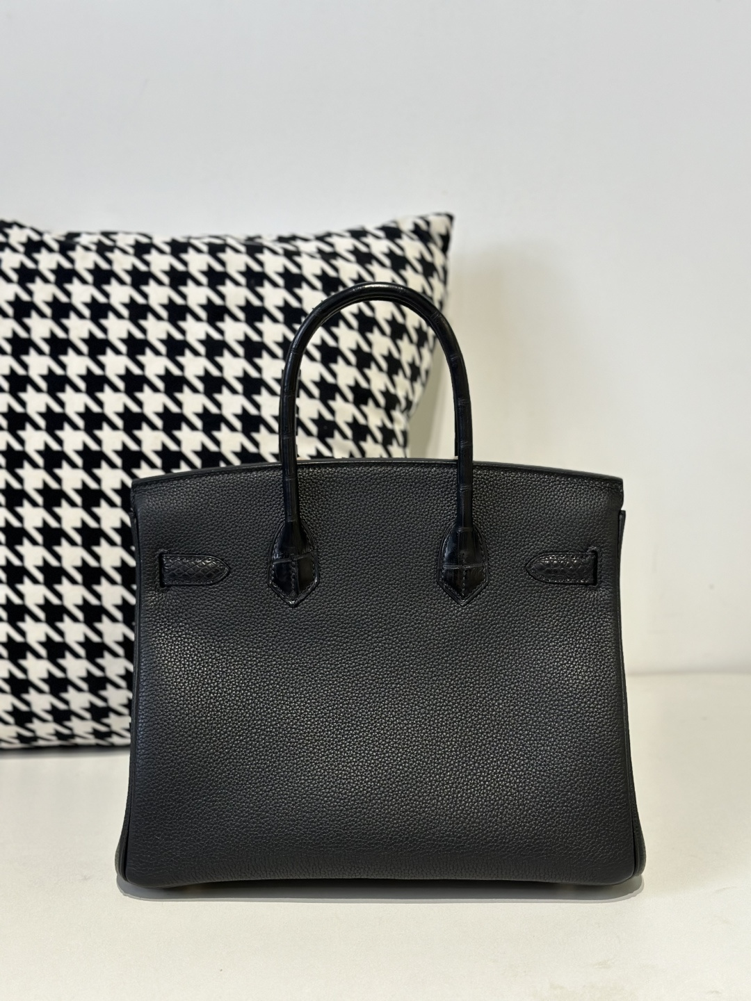 Crocodile Leather Black 30cm Matte Mixed Leather Gold Hardware Top Handle Tote Bag WCB084 image 3