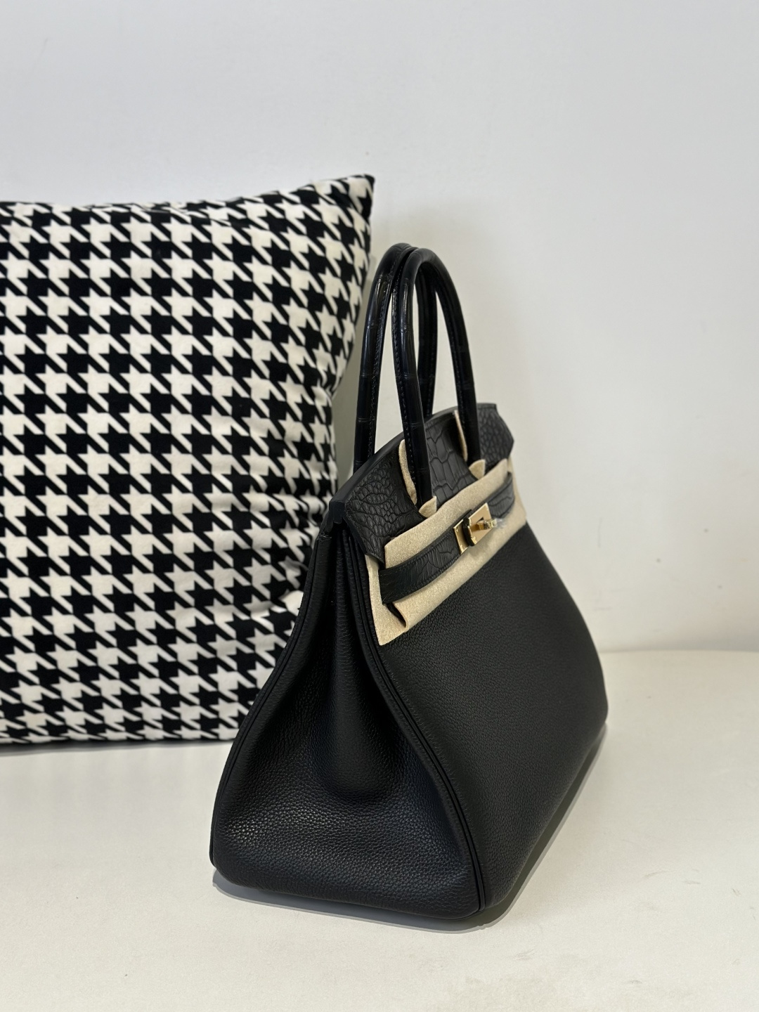 Crocodile Leather Black 30cm Matte Mixed Leather Gold Hardware Top Handle Tote Bag WCB084 image 5