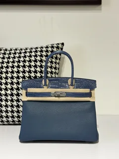Crocodile Leather Blue 30cm Matte Mixed Leather Silver Hardware Top Handle Tote Bag WCB085 image 1