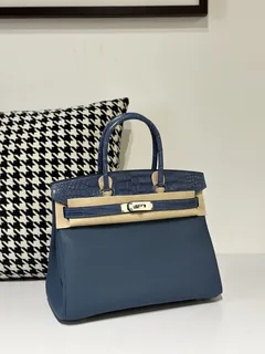 Crocodile Leather Blue 30cm Matte Mixed Leather Silver Hardware Top Handle Tote Bag WCB085 image 2