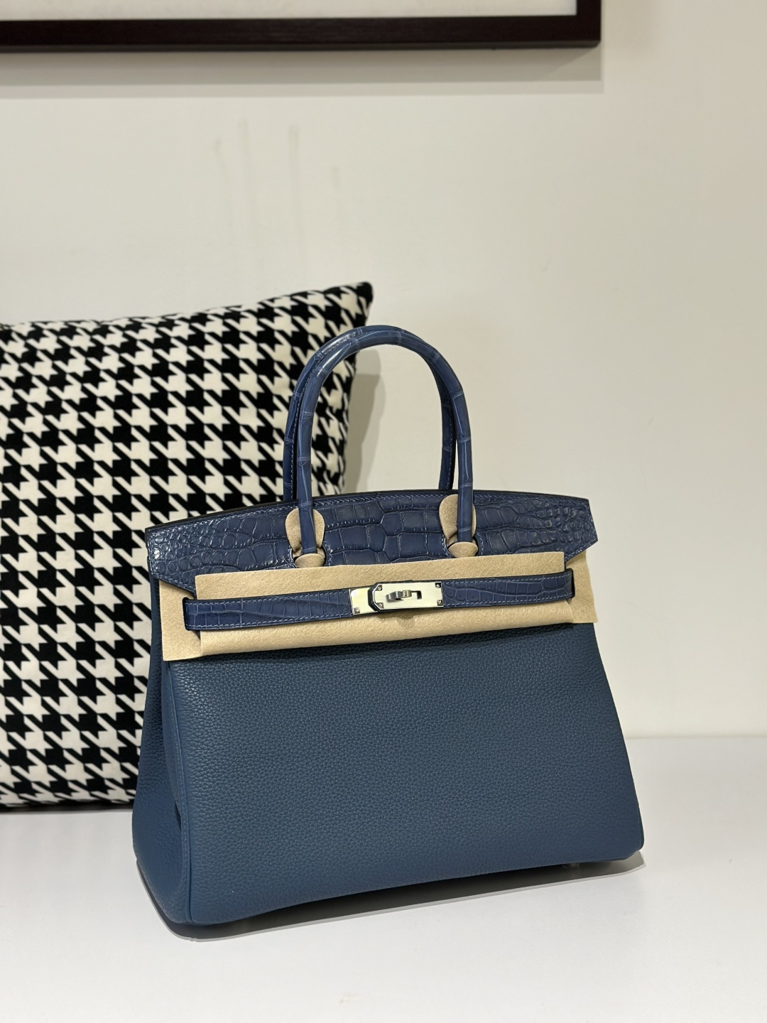 Crocodile Leather Blue 30cm Matte Mixed Leather Silver Hardware Top Handle Tote Bag WCB085 image 2
