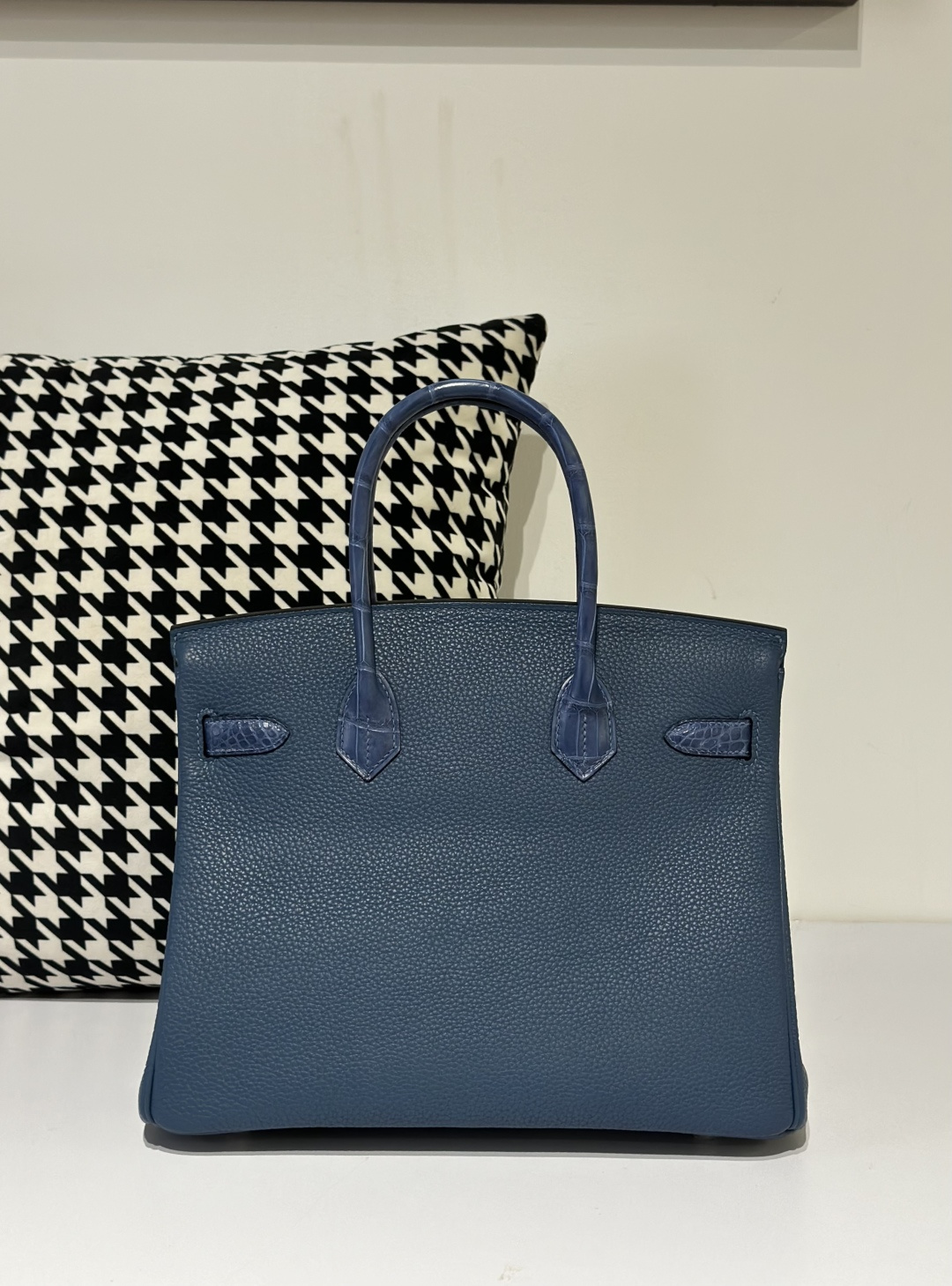 Crocodile Leather Blue 30cm Matte Mixed Leather Silver Hardware Top Handle Tote Bag WCB085 image 3