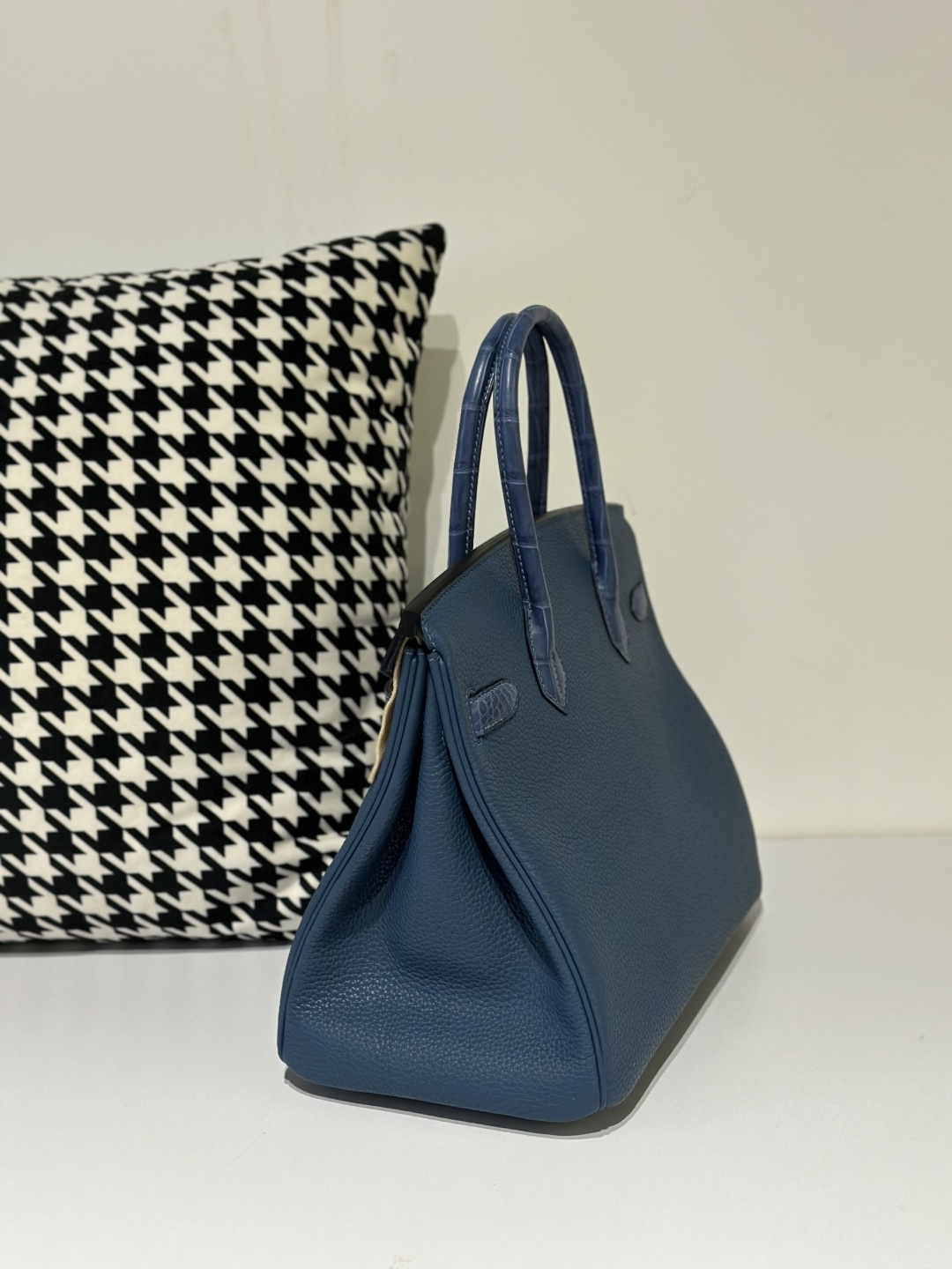 Crocodile Leather Blue 30cm Matte Mixed Leather Silver Hardware Top Handle Tote Bag WCB085 image 4
