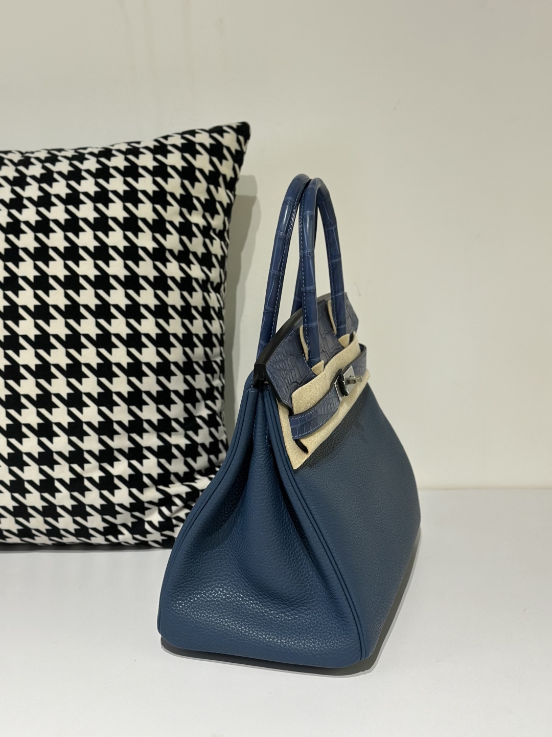 Crocodile Leather Blue 30cm Matte Mixed Leather Silver Hardware Top Handle Tote Bag WCB085 image 5