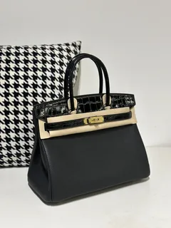 Crocodile Leather Black 30cm Glossy Mixed Leather Gold Hardware Top Handle Tote Bag WCB087 image 2