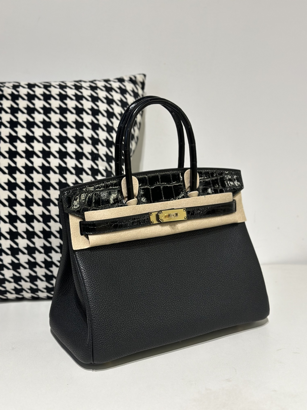 Crocodile Leather Black 30cm Glossy Mixed Leather Gold Hardware Top Handle Tote Bag WCB087 photo 2