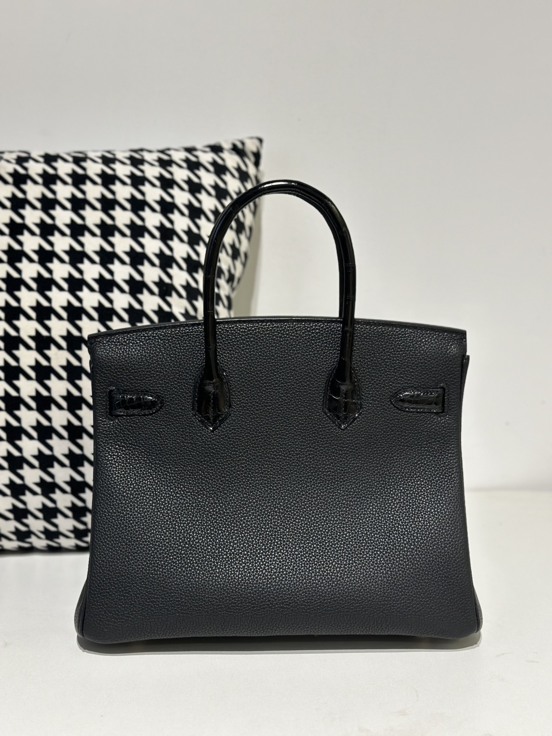 Crocodile Leather Black 30cm Glossy Mixed Leather Gold Hardware Top Handle Tote Bag WCB087 photo 3