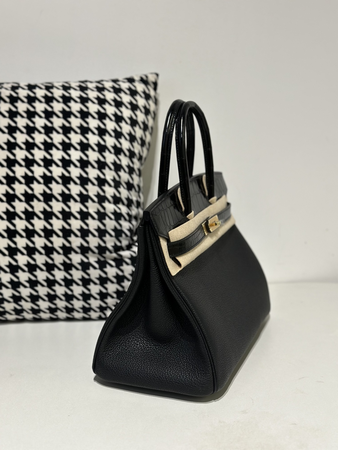Crocodile Leather Black 30cm Glossy Mixed Leather Gold Hardware Top Handle Tote Bag WCB087 photo 5