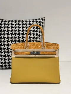 Crocodile Leather Amber Yellow 30cm Glossy Silver Hardware Top Handle Tote Bag WCB088 image 1