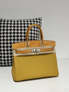 Crocodile Leather Amber Yellow 30cm Glossy Silver Hardware Top Handle Tote Bag WCB088 image 2
