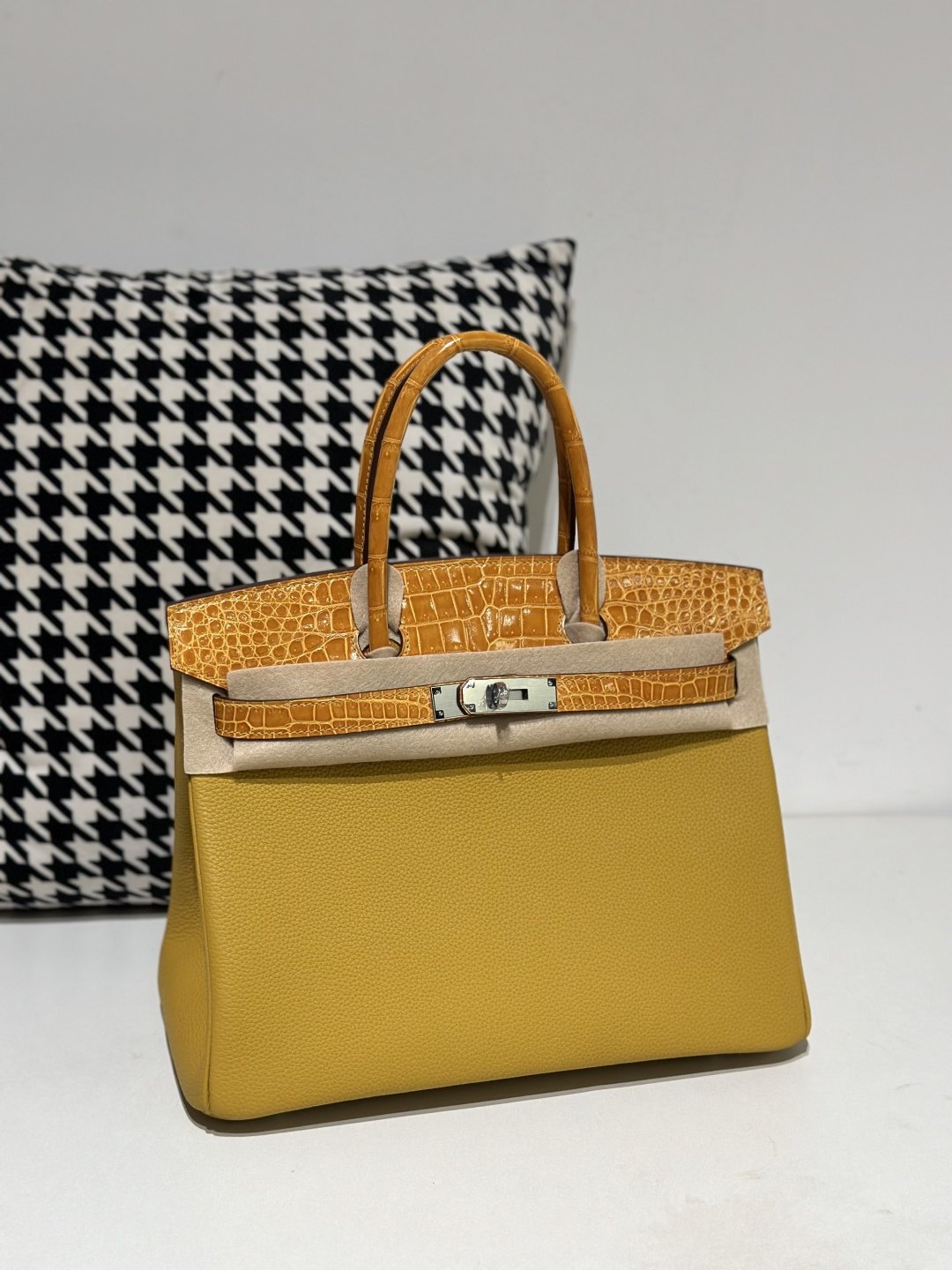 Crocodile Leather Amber Yellow 30cm Glossy Silver Hardware Top Handle Tote Bag WCB088 image 2