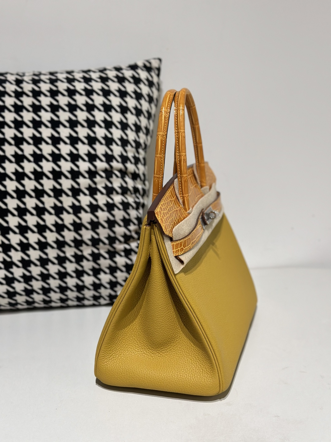 Crocodile Leather Amber Yellow 30cm Glossy Silver Hardware Top Handle Tote Bag WCB088 image 5