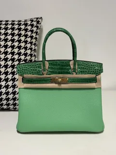 Crocodile Leather Bamboo Green 30cm Mixed Leather Gold Hardware Top Handle Tote Bag WCB089 image 1