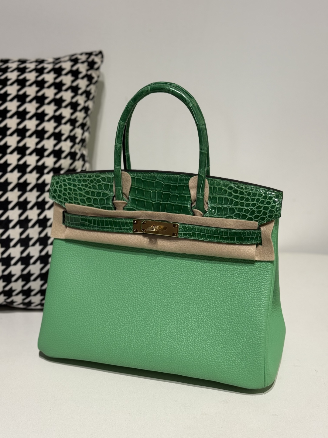 Crocodile Leather Bamboo Green 30cm Mixed Leather Gold Hardware Top Handle Tote Bag WCB089 image 2