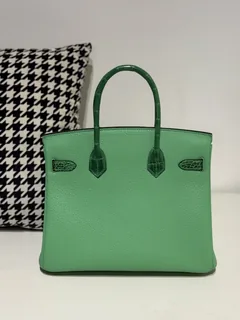 Crocodile Leather Bamboo Green 30cm Mixed Leather Gold Hardware Top Handle Tote Bag WCB089 image 3
