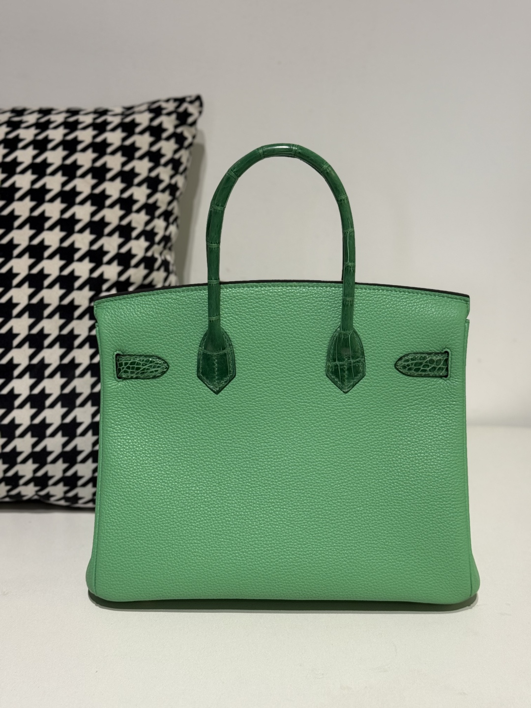 Crocodile Leather Bamboo Green 30cm Mixed Leather Gold Hardware Top Handle Tote Bag WCB089 image 3