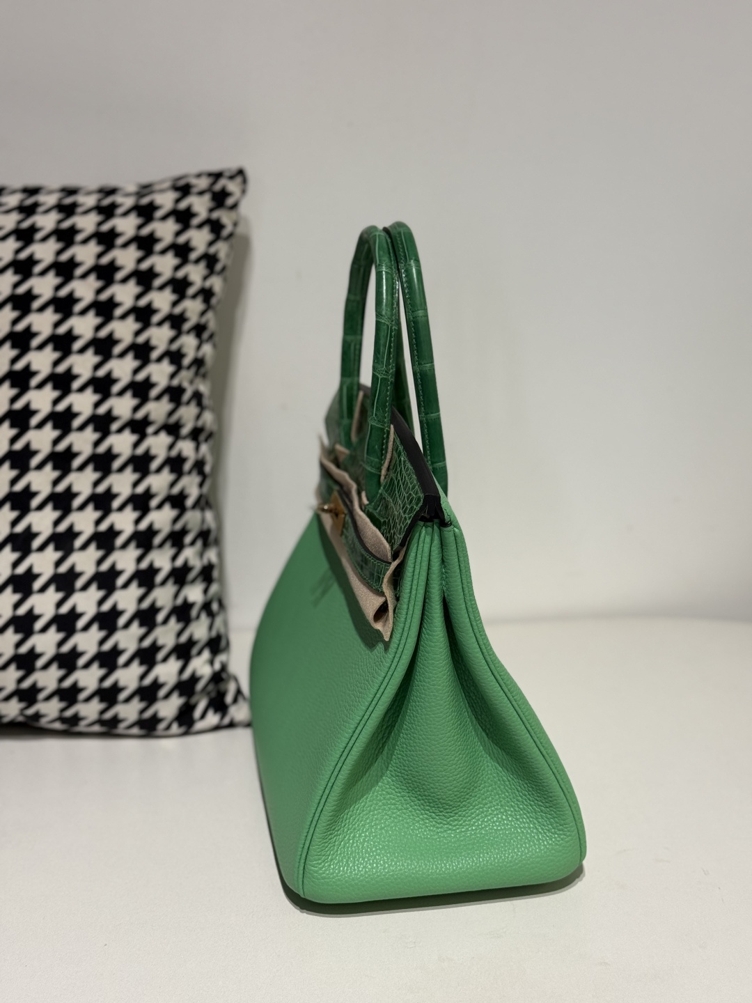 Crocodile Leather Bamboo Green 30cm Mixed Leather Gold Hardware Top Handle Tote Bag WCB089 image 4
