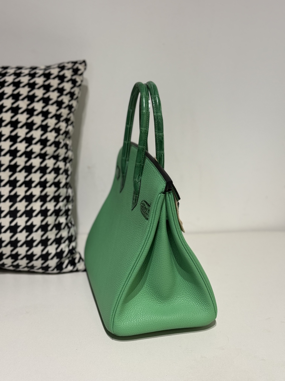 Crocodile Leather Bamboo Green 30cm Mixed Leather Gold Hardware Top Handle Tote Bag WCB089 image 5