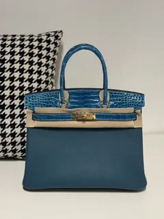 Crocodile Leather Aqua Blue 30cm Mixed Leather Gold Hardware Top Handle Tote Bag WCB090 image 1