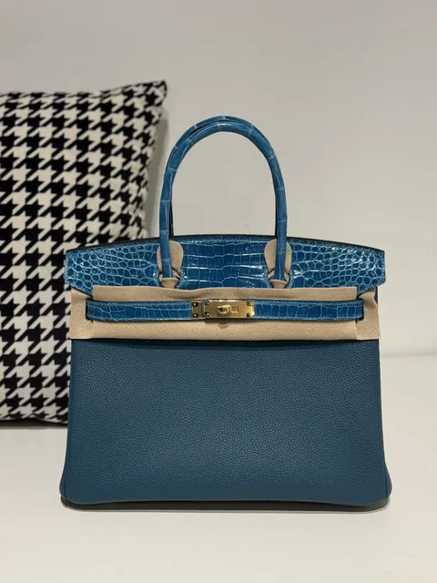 Crocodile Leather Aqua Blue 30cm Mixed Leather Gold Hardware Top Handle Tote Bag WCB090