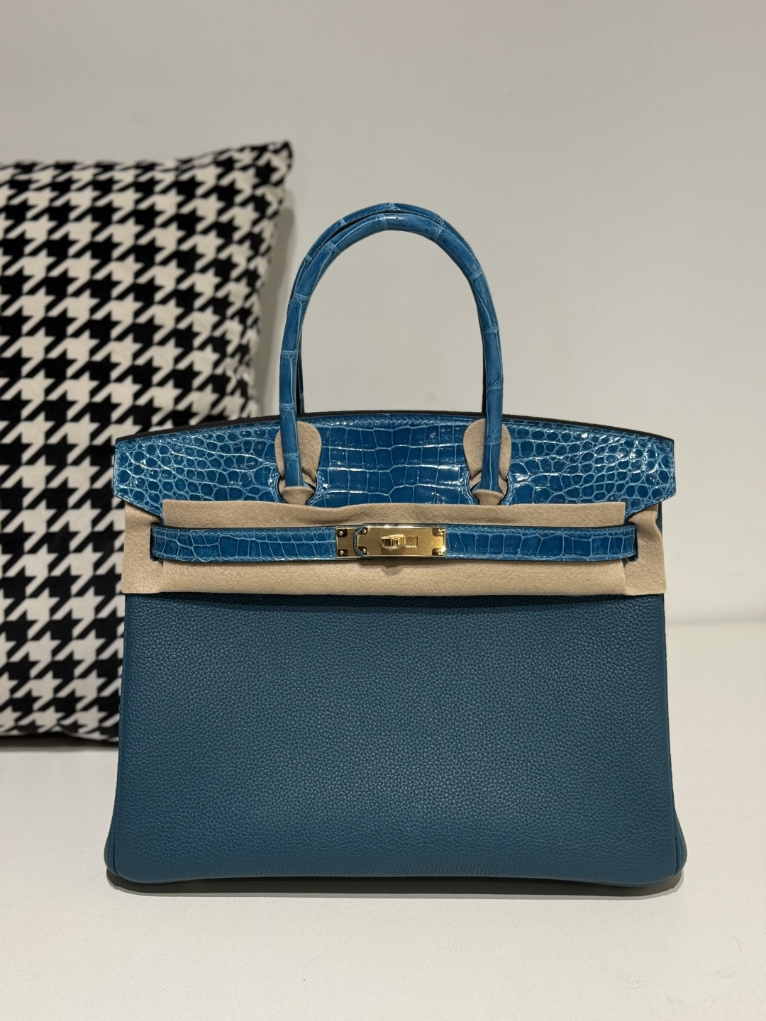 Crocodile Leather Aqua Blue 30cm Mixed Leather Gold Hardware Top Handle Tote Bag WCB090
