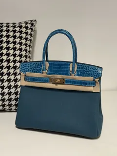 Crocodile Leather Aqua Blue 30cm Mixed Leather Gold Hardware Top Handle Tote Bag WCB090 image 2