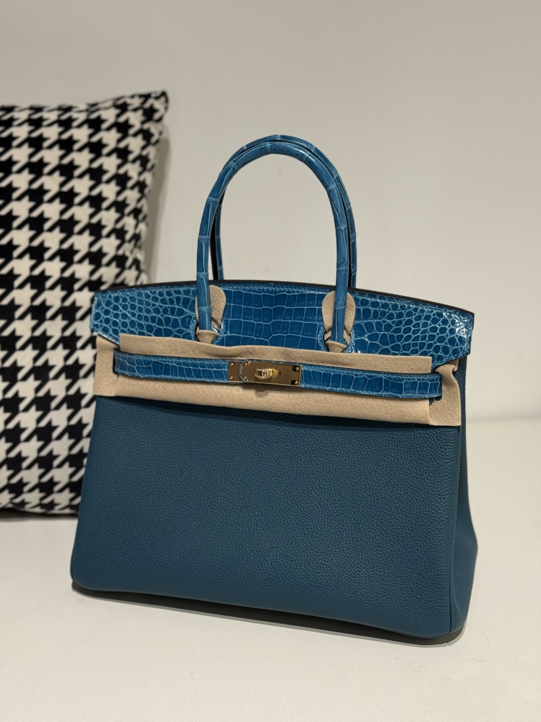 Crocodile Leather Aqua Blue 30cm Mixed Leather Gold Hardware Top Handle Tote Bag WCB090 photo 2