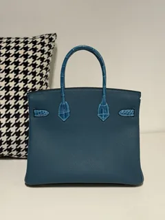 Crocodile Leather Aqua Blue 30cm Mixed Leather Gold Hardware Top Handle Tote Bag WCB090 image 3