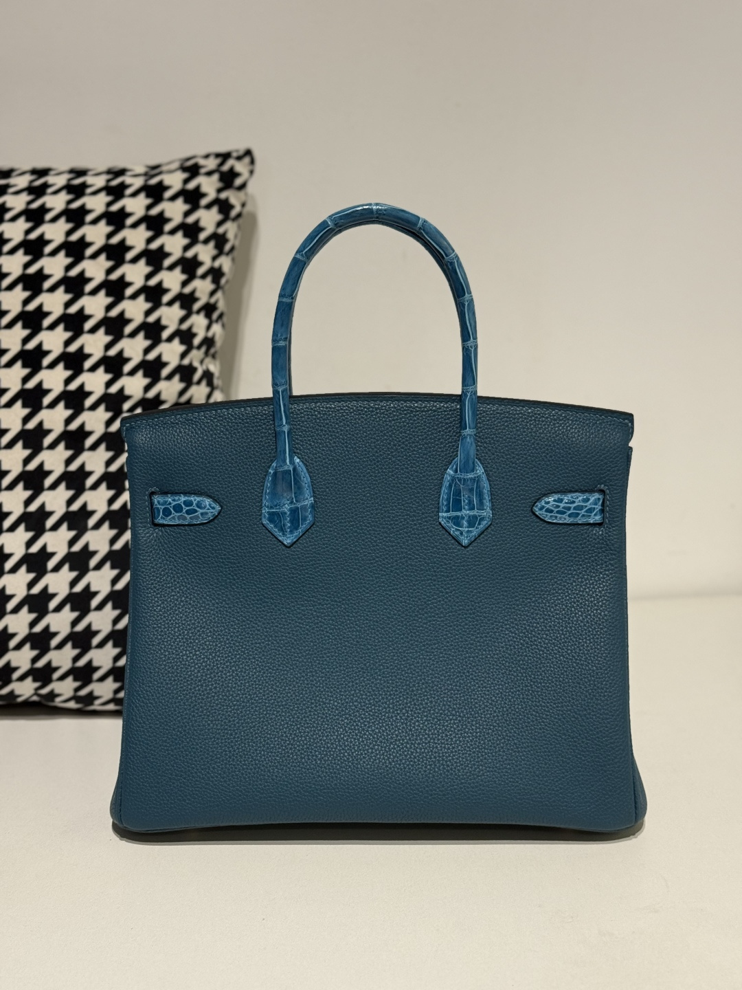 Crocodile Leather Aqua Blue 30cm Mixed Leather Gold Hardware Top Handle Tote Bag WCB090 photo 3