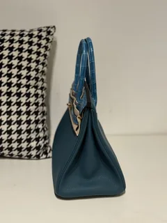 Crocodile Leather Aqua Blue 30cm Mixed Leather Gold Hardware Top Handle Tote Bag WCB090 image 4