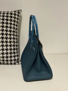 Crocodile Leather Aqua Blue 30cm Mixed Leather Gold Hardware Top Handle Tote Bag WCB090 image 5
