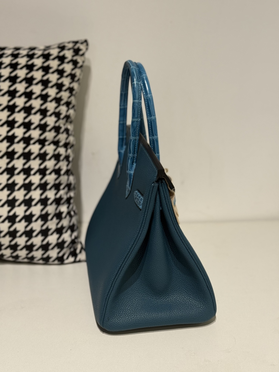 Crocodile Leather Aqua Blue 30cm Mixed Leather Gold Hardware Top Handle Tote Bag WCB090 photo 5