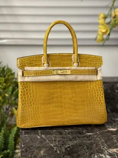 Crocodile Leather Amber Yellow 30cm Glossy Top Handle Tote Bag WCB095 image 1