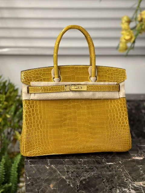 Crocodile Leather Amber Yellow 30cm Glossy Top Handle Tote Bag WCB095
