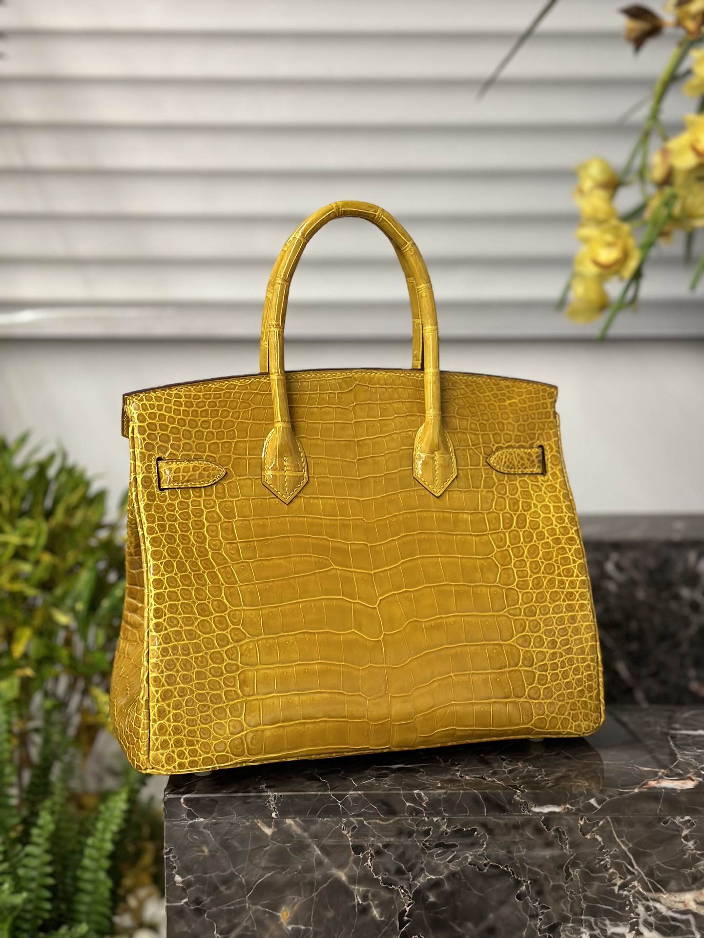 Crocodile Leather Amber Yellow 30cm Glossy Top Handle Tote Bag WCB095 image 3