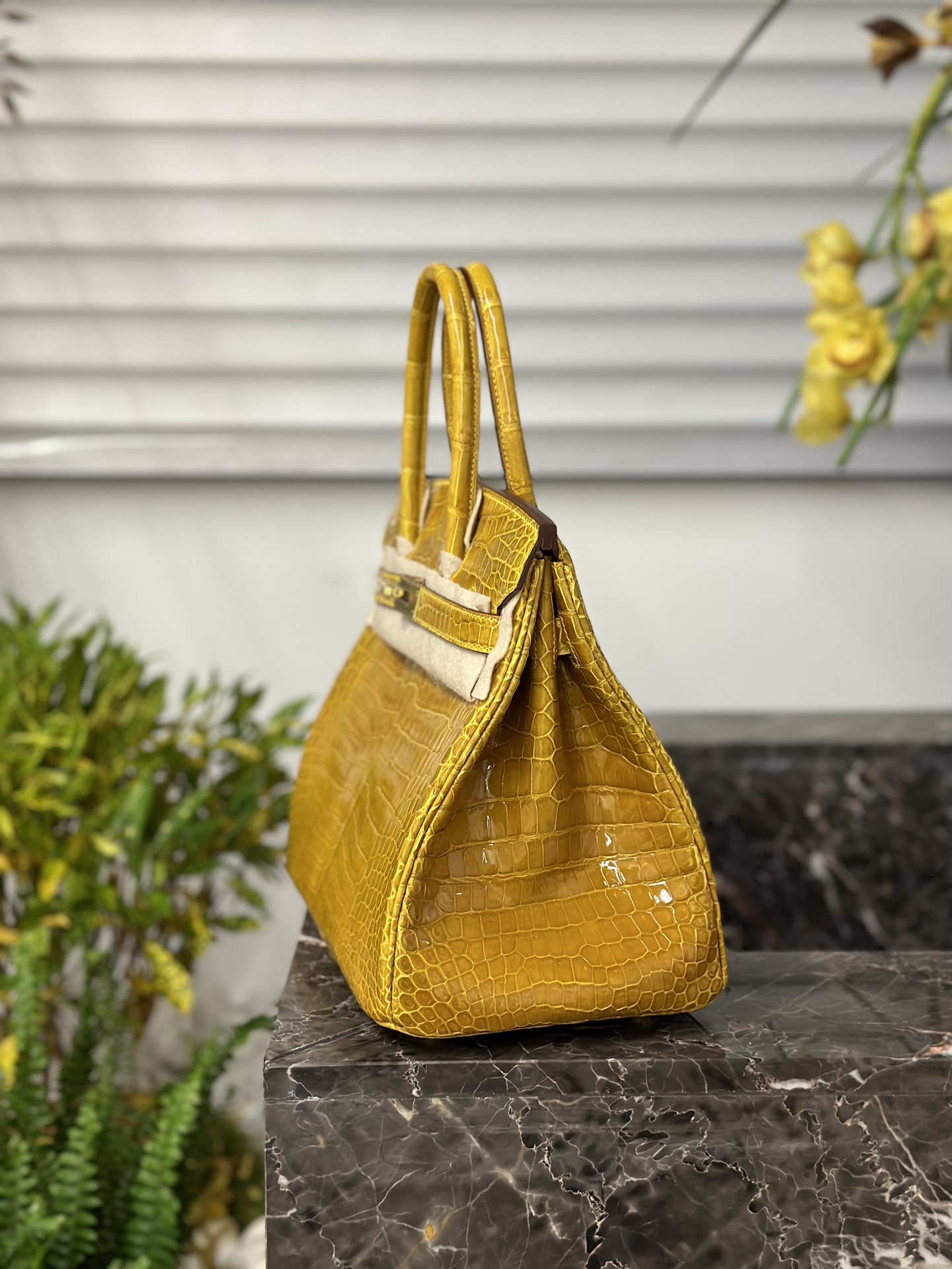 Crocodile Leather Amber Yellow 30cm Glossy Top Handle Tote Bag WCB095 image 4